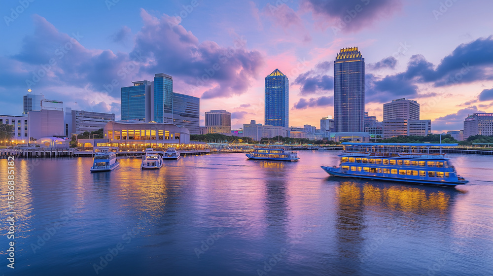 Fototapeta premium Urban Harbour Night Skyline with Skyscrapers and Neon Reflections