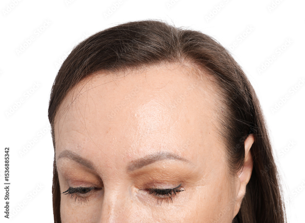 Fototapeta premium Woman before rejuvenation on white background, closeup