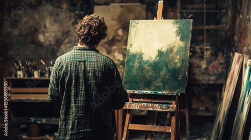 Artist painting in a dimly lit studio