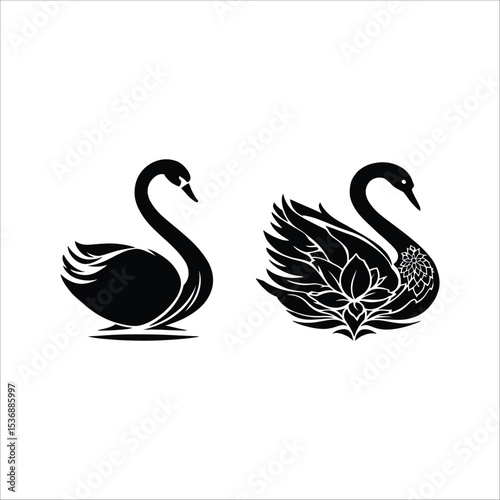 Contrasting Swan Silhouettes – Representation of Grace, Artistic Duality, and Ornamental Design Vector Illustration