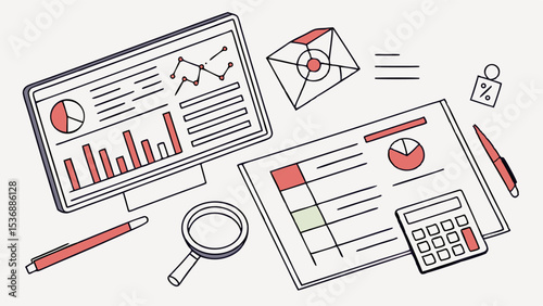 Business Analytics Desktop Computer Displaying Charts and Graphs with Documents Calculator and Pens.