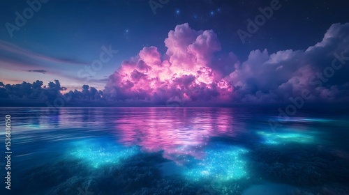 Bioluminescent plankton bloom illuminates the Indian Ocean at night with vibrant colors photo