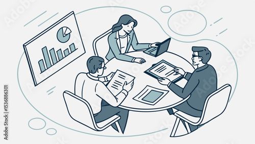 Business Meeting Illustration Three People Around a Table Discussing Data.