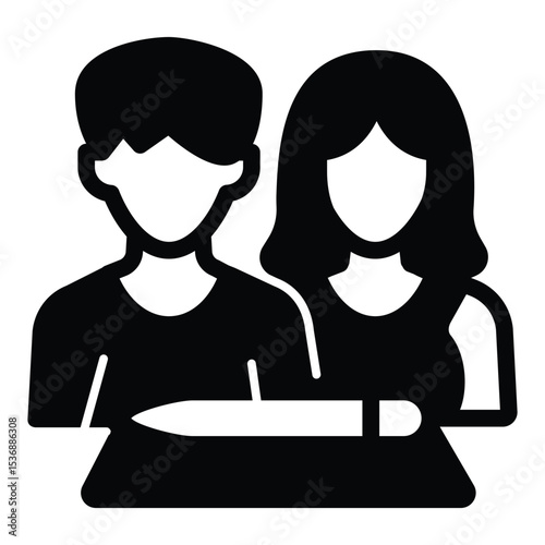 Married couple and contract paper solid icon, family lawyer concept. Vector graphics. Document with pen and young people sign on white background, style mobile or design.