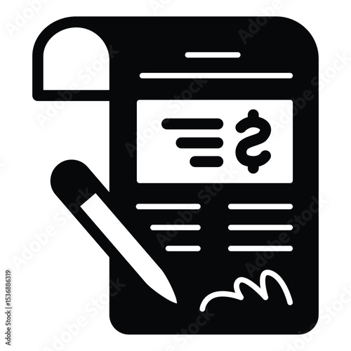 Expenses document with pen signature solid icon, family lawyer concept. Vector graphics. Taxation and court fee contract sign on white background, style mobile or design.