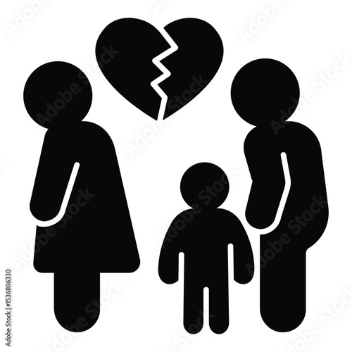 Cheating man with broken heart, woman and child solid icon, family lawyer concept. Vector graphics. Marriage problem sign on white background, style mobile or design.