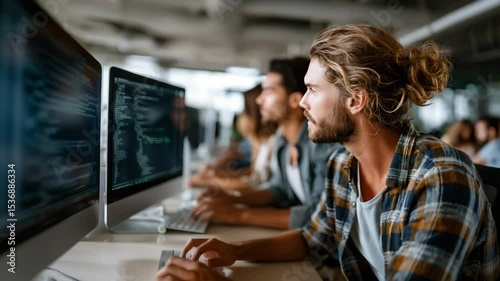 Developers work at computers in a contemporary office, focusing on programming and coding. Monitors display source code. Video for technology, IT industry, teamwork, education, and business projects