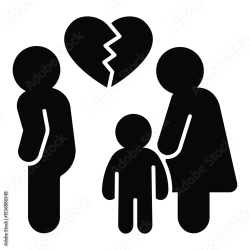 Cheating man with broken heart, woman and child solid icon, family lawyer concept. Vector graphics. Marriage problem sign on white background, style mobile or design.