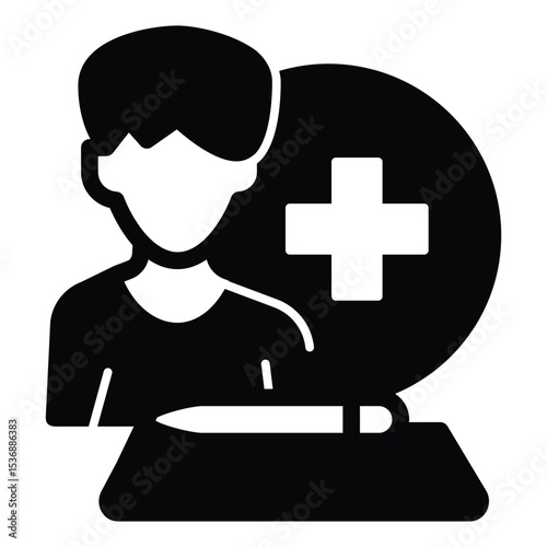 Man and document with pen solid icon, family lawyer concept. Vector graphics. Medical insurance policy, human rights sign on white background, style mobile or design.