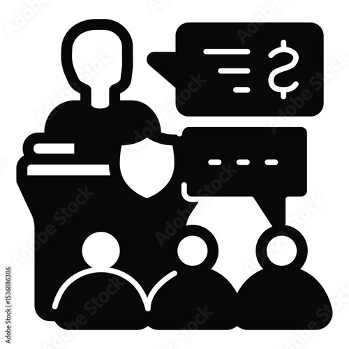 Tribune with judge man and jury audience solid icon, family lawyer concept. Vector graphics. Court public case process sign on white background, style mobile or design.
