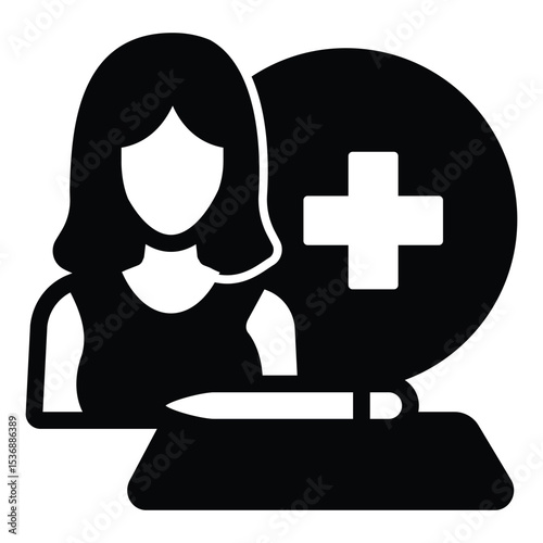 Woman and document with pen solid icon, family lawyer concept. Vector graphics. Medical insurance policy, human rights sign on white background, style mobile or design.