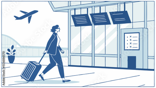 Businesswoman with Luggage at Airport Terminal Airplane Flying.
