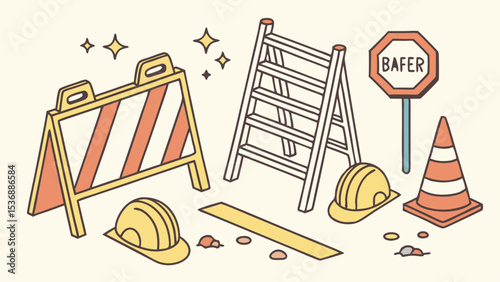 Cartoon Construction Site Elements Barrier Ladder Sign Cone and Helmets.