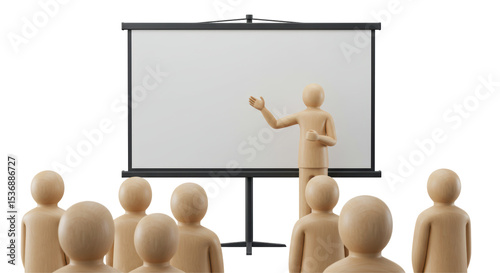Isolated Wooden Figures at Presentation with Screen Representing Business Training