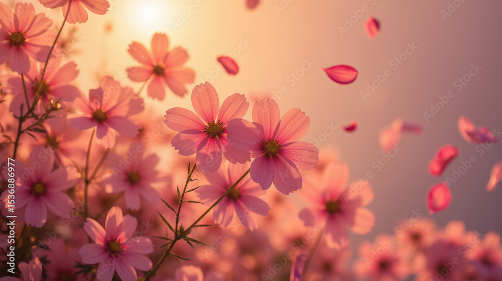 Naklejka premium Delicate pink flowers bloom in serene garden, petals gently falling in warm sunlight, creating tranquil and dreamy atmosphere