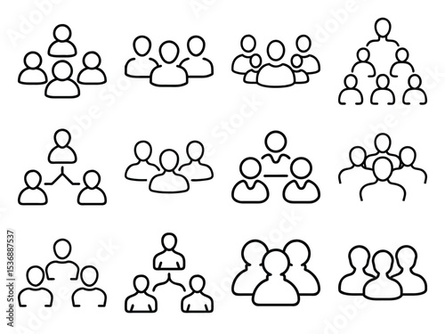 User Group Icon Bundle in Silhouette Style on White Background – Team, Community, People, and Network Symbols in Minimal Line Art

