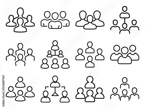 User Group Icon Bundle in Silhouette Style on White Background – Team, Community, People, and Network Symbols in Minimal Line Art

