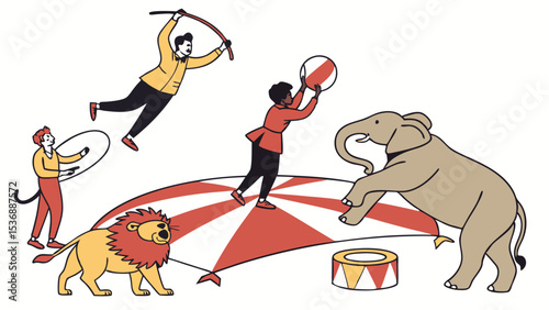 Colorful Circus Performers with Animals and a Big Top.