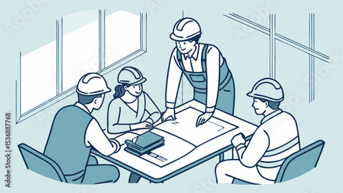 Construction Team Reviewing Blueprint at Meeting Table.