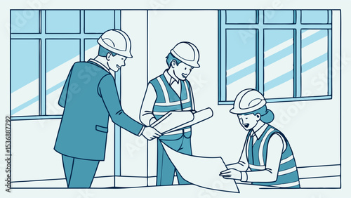 Construction Team Reviewing Blueprints in an Office Setting.