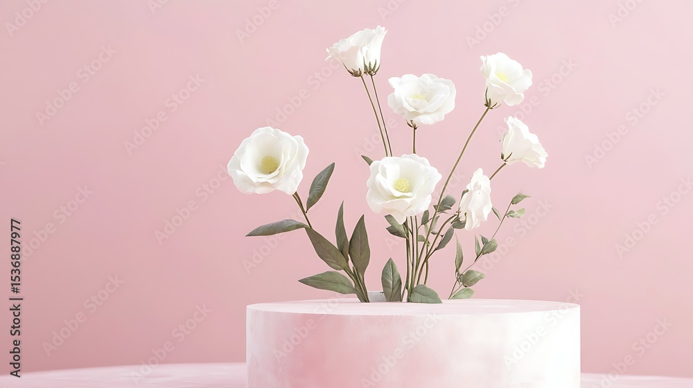 Obraz premium pink podium with flowers and pastel pink wall.