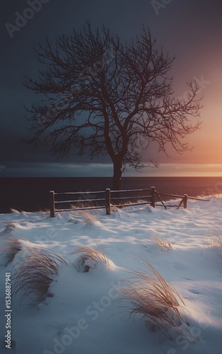 Winter Solitude: Majestic Sunset Over Snowy Landscape with Lone Tree AI generated