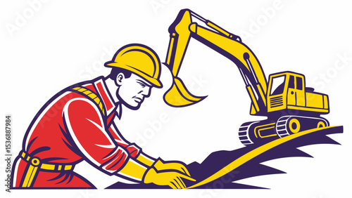 Construction Worker with Excavator Digging Earth.