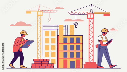 Construction Workers Inspecting Buildings with Cranes Illustration.