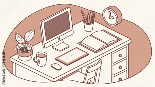 Cozy Home Workspace with Computer Plant and Book.