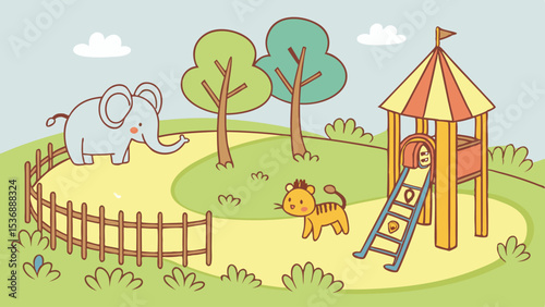 Cute Zoo Park Scene with Animals and Play Area.