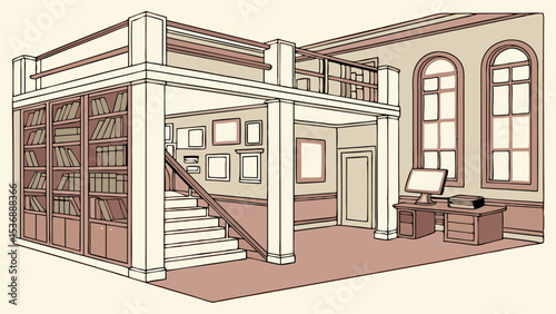 Detailed Illustration of a Classic Library Interior.