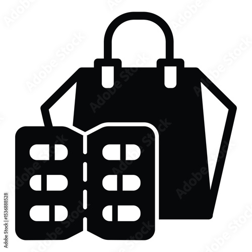 Shopping bag with capsules pack solid icon, pharmacy concept. Vector graphics. Paper bag and slab of capsules, medicine sign on white background, style mobile or design.