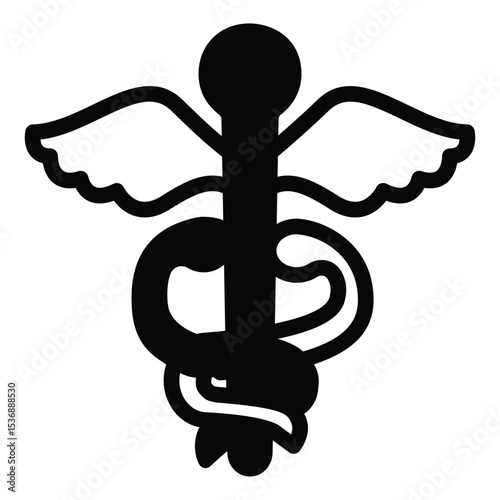 Caduceus solid icon, pharmacy concept. Vector graphics. Pin with wings and snakes, medical sign on white background, style mobile or design.