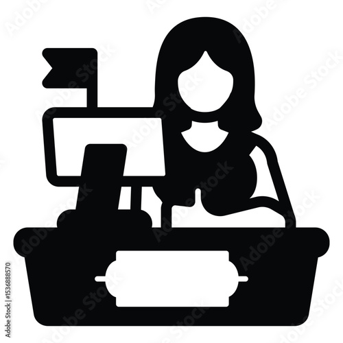 Cashier woman at desk with monitor and flag solid icon, pharmacy concept. Vector graphics. Pharmacist point, shopping sign on white background, style mobile or design.