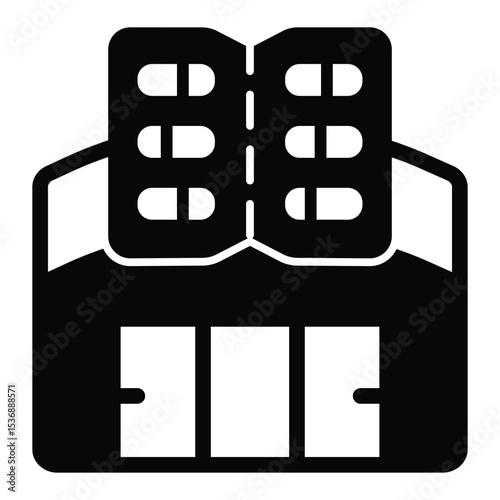 Pharmacy warehouse and capsules pack solid icon, pharmacy concept. Vector graphics. Hangar with capsules slab, medicine sign on white background, style mobile or design.