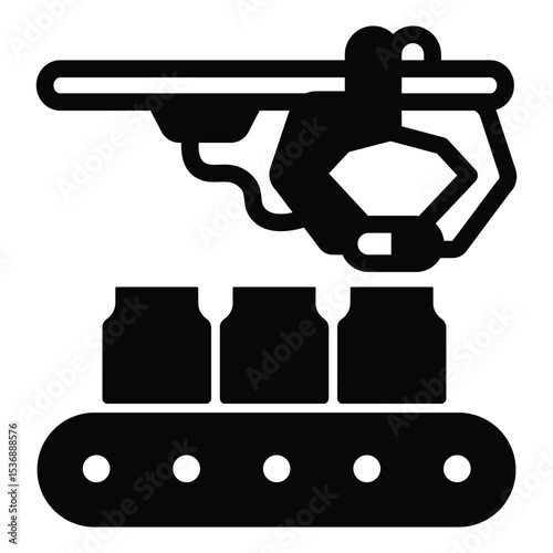 Robotic arm and conveyor with jars solid icon, pharmacy concept. Vector graphics. Conveyor for medicine production sign on white background, style mobile or design.