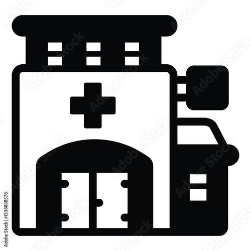 Polyclinic building solid icon, pharmacy concept. Vector graphics. Medical clinic, hospital sign on white background, style mobile or design.