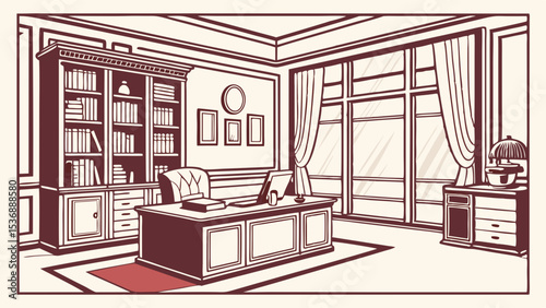 Elegant Vintage Office Interior Illustration.