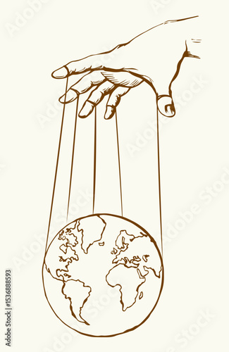 Man hand with a World map. Vector drawing concept