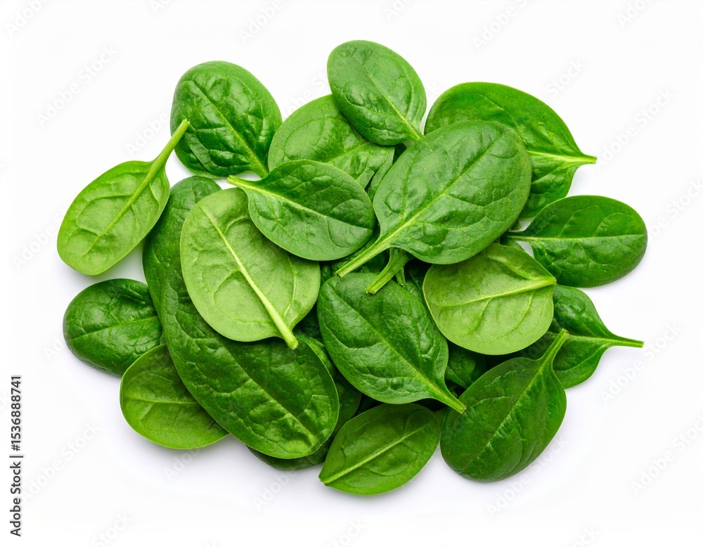 Photo of fresh green spinach leaves piled in icon style, top view, crisp and isolated on a white background, no distraction Photo of fresh green spinach leaves piled in icon style, top view, crisp and isolated on a white background, no distraction