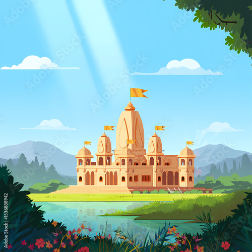 Tranquil temple reflecting in serene waters, mountain backdrop