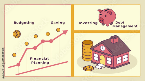 Financial Planning Illustration Budgeting Saving Investing Debt Management and Homeownership.