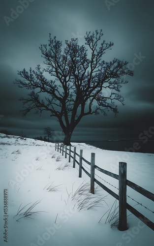 Solitary Winter Tree: A Bleakly Beautiful Landscape Photograph AI generated