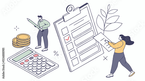 Financial Planning Illustration with Checklist Calculator and People.