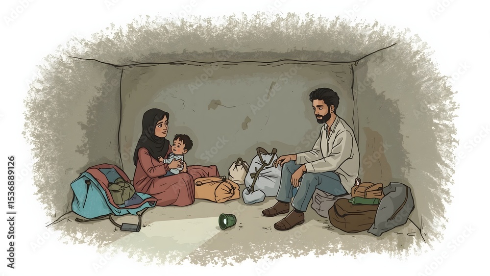 Obraz premium Vector illustration of a Middle Eastern family in a shelter during conflict. Parents and child huddled quietly. Soft colors, minimal detail, white background. Humanitarian and symbolic.