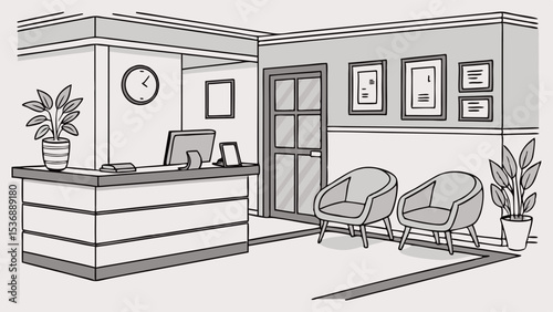 Grayscale Drawing of a Modern Waiting Room.