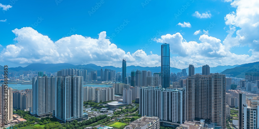 Fototapeta premium Modern City Skyline with Skyscrapers under Blue Sky and White Clouds