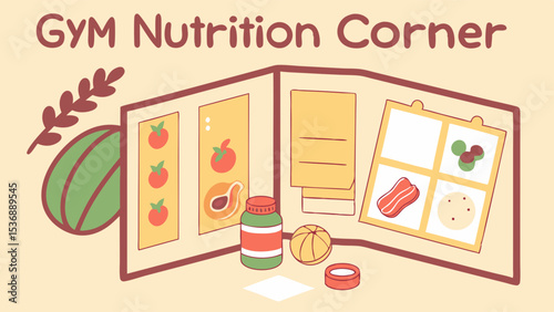 Illustrated Gym Nutrition Corner Displaying Healthy Food and Supplements.