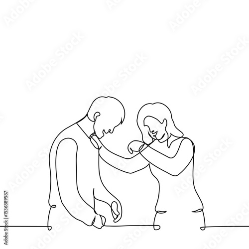 man and woman laughing together, she put her hand on his shoulder - one line art vector. concept laughing together, flirting, wit and jokes