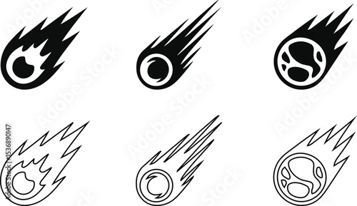 Comet and Meteorite Icons Set - Space, Astronomy, and Science.